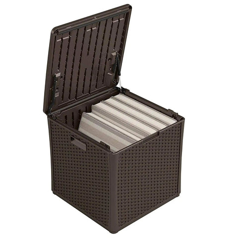 60 Gallon Outdoor Storage Box in Java Resin with opened lid, revealing gray cushions inside, wicker-style design, weatherproof deck box