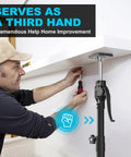 A man using a Third Hand Cabinet Support Pole, Heavy Duty Jack For Installing Cabinets, 200 Lbs Capacity, Extends From About 15.8 Inches To 23.6 Inches, 2 Piece Set, A Handy Drywall Trim Shelving Helper That Feels Like An Extra Hand On Deck to install a cabinet shelf.