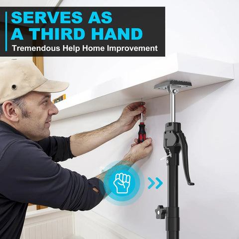 A man using a Third Hand Cabinet Support Pole, Heavy Duty Jack For Installing Cabinets, 200 Lbs Capacity, Extends From About 15.8 Inches To 23.6 Inches, 2 Piece Set, A Handy Drywall Trim Shelving Helper That Feels Like An Extra Hand On Deck to install a cabinet shelf.