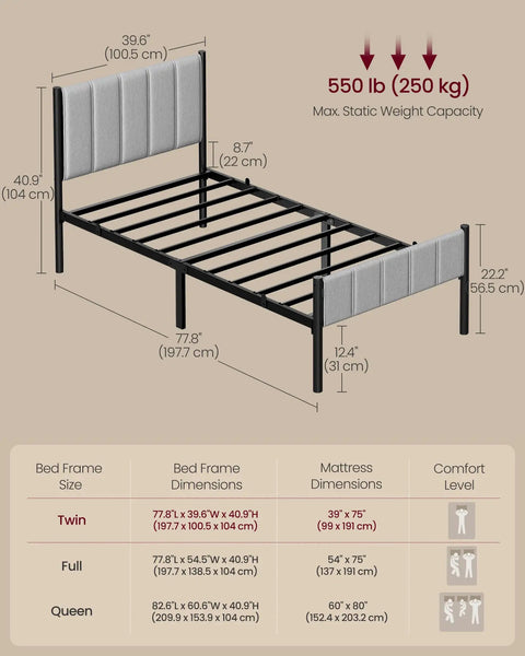 Solid Twin Bed Frame With Hella Comfy Upholstered Headboard And Sleek Metal Footboard dimensions and weight capacity infographic.