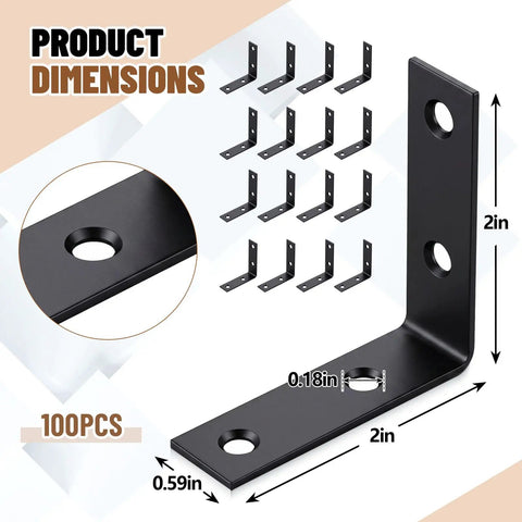 100 Pcs 2 Inch Corner Brackets Set Steel L Shaped Right Angle Braces With Zinc Plating Four Hole Design Includes Screws Black