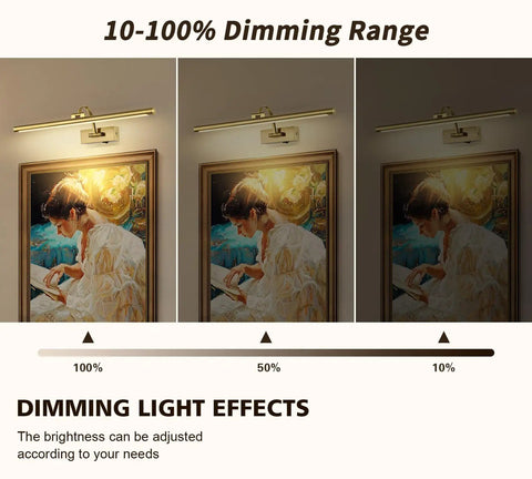 Wireless Picture Lights With Remote And Timer Dope Rechargeable Brass Gallery Lighting For Over Frame Portraits Battery Operated 5W 24 Inch Warm White Dimmable showing dimming range from 100% to 10% over a painting