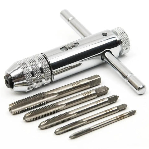 Adjustable Silver T Handle Ratchet Tap Wrench Kit With 5 Pcs M3 To M8 Metric Taps 3Mm To 8Mm Thread Range Chrome Plated Finish 85Mm Length Converts For Left Or Right Hand Use Or Lock For Non Ratcheting