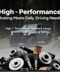 High-performance brake components displayed in front of an off-road vehicle in a forest setting, emphasizing safety and durability.