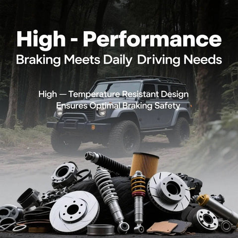 High-performance brake components displayed in front of an off-road vehicle in a forest setting, emphasizing safety and durability.