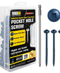Eight By Two And A Half Inch Pocket Hole Screws, 150 Pieces, Carbon Steel, Internal Square Drive, Button Head, Blue Coated Finish, Includes Free 120mm Square Drive Bit And Clear Storage Case, Rust Resistant in packaging.