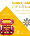 Top Shelf Metal Router Lift Base With Zero Lag Height Control Bulletproof Insert Plate Kit, red, 64-66mm diameter, stable 4 jaw clamping design.