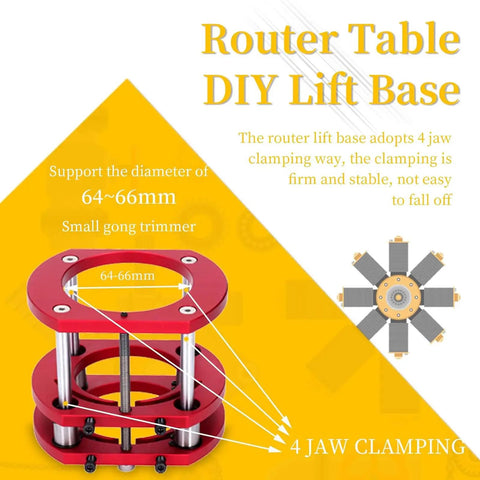 Top Shelf Metal Router Lift Base With Zero Lag Height Control Bulletproof Insert Plate Kit, red, 64-66mm diameter, stable 4 jaw clamping design.