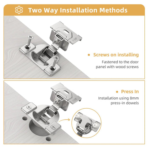 Two way installation of Four Pack One And Three Eighths Inch Overlay Regular Cabinet Hinges for Kitchen Face Frame Doors, screws and press in methods shown
