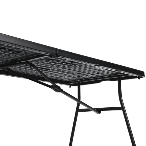 Underside view of Heavy Duty Portable Folding Table 6 Foot for Indoor Outdoor Parties with black metal frame and fold in half design
