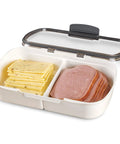 Split Deli Storage Container With Airtight Silicone Seal And Dry Erase Lid For Meats And Cheeses, Keeps Bacon Fresher Longer, The 11.75 Inch Kitchen Organizer You Need, open view with sliced cheese and ham