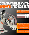 Heavy Duty Badass 2X72 Belt Grinder Sander Workbench With 1500W Pure Copper Motor, showing compatible 72" x 2" sanding belts.