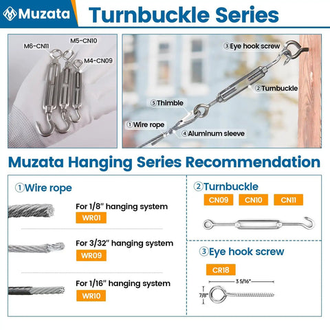 Top Shelf M6 Hook And Eye Turnbuckle 5 Pack For Cable Railings And Outdoor Fencing Heavy Duty Steel Hardware Easy Adjust Tensioner image showing various turnbuckle components.