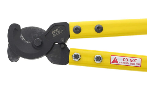 Close-up of Beast Mode Heavy Duty 22 Inch Long Arm Cable Cutter with yellow handles and precision-ground jaws