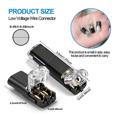90 Pack 2 Pin Snap Wire Connectors With Heavy Duty Locking Clips And Quick Stripper Tool No Sweat Electrical Wiring Kit for low voltage projects.