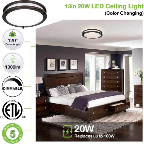 13 Inch Flush Mount LED Ceiling Light Fixture With Adjustable 2700K To 5000K Color Temperature in bedroom setting