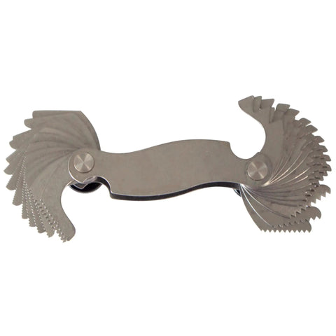 Made In USA Screw Pitch Gauge With 28 Blades For 4 To 80 TPI English Thread Gage Tool shown folded with visible blades