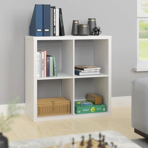 Open Back Four-Cube Storage Organizer In White, Sturdy Cube Shelving Unit With Front And Back Finished, Fits 13-Inch Bins in room.