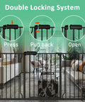 Extra Wide Pressure Mounted Baby Gate With Walk Through Design Safety Auto Close Includes Extensions For Doorways And Kitchens Black Finish Perfect For Toddlers Pets And Busy Homes showing double locking mechanism.
