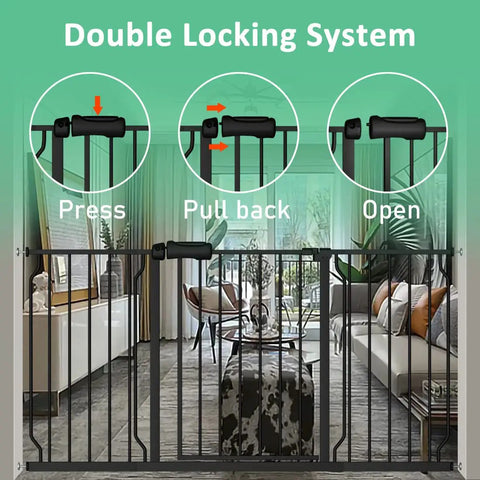 Extra Wide Pressure Mounted Baby Gate With Walk Through Design Safety Auto Close Includes Extensions For Doorways And Kitchens Black Finish Perfect For Toddlers Pets And Busy Homes showing double locking mechanism.