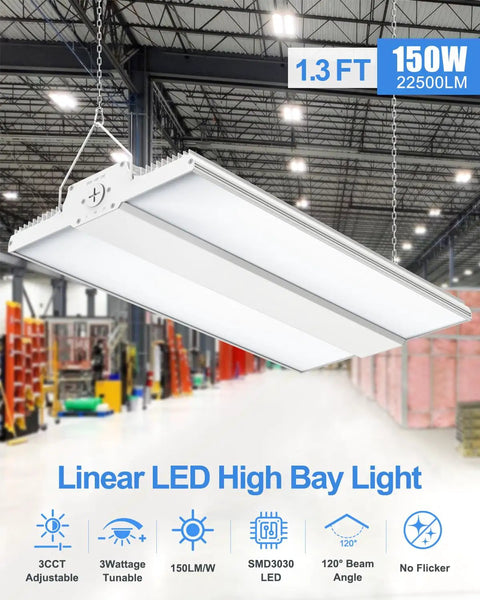 Adjustable Wattage LED High Bay Light 150W 120W 90W, 1.3Ft Linear Hanging Warehouse Lamp in a storage space