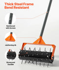 Side view of Rolling Lawn Aerator With 15 Inch Drum 42 Steel Spikes And 60 Inch Long Handle Fillable Weight Drum For Added Penetration