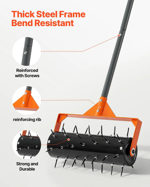 Side view of Rolling Lawn Aerator With 15 Inch Drum 42 Steel Spikes And 60 Inch Long Handle Fillable Weight Drum For Added Penetration