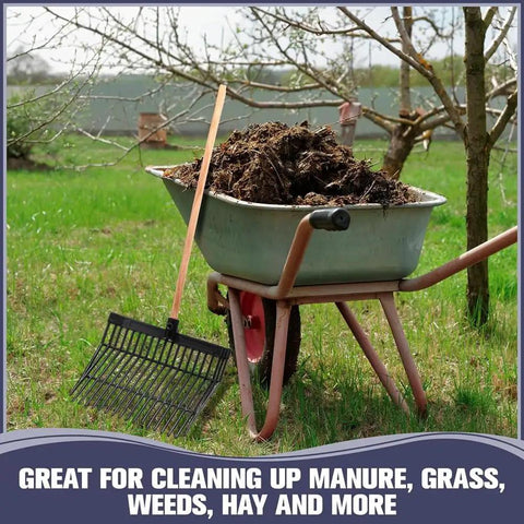 Wheelbarrow with manure and Beefy Pair Heavy Duty Horse Manure Fork Heads For 1 Inch Handles next to it on grass