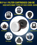 Full Face Respirator Mask Reusable Large Gas Mask For Dust And Organic Vapors Formaldehyde And Chemicals Pro Grade Breathing Protection For Airbrush Car Spraying Sanding And Paint Jobs Gray, shown with compatible P-A-1 filter cartridges and various respirator models on a blue background.