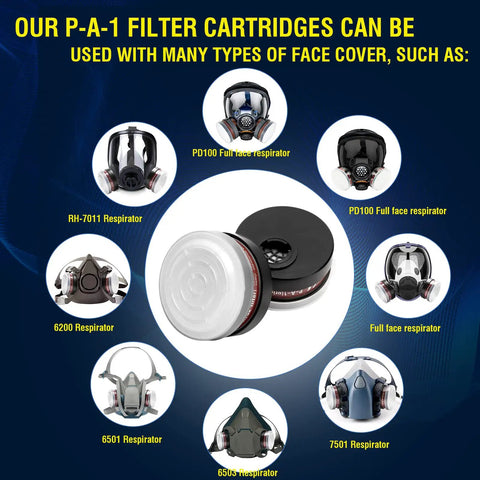Full Face Respirator Mask Reusable Large Gas Mask For Dust And Organic Vapors Formaldehyde And Chemicals Pro Grade Breathing Protection For Airbrush Car Spraying Sanding And Paint Jobs Gray, shown with compatible P-A-1 filter cartridges and various respirator models on a blue background.