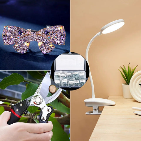 300-piece stainless steel compression springs assortment kit with labeled bags; includes a lamp and pruning shears.