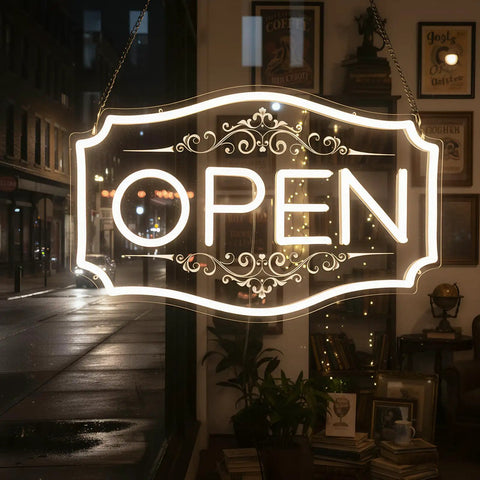 Lit Neon Open Sign For Business With Dimmable LED Warm White Glow, 16.5 By 10.5 Inch, Includes 12V 2A Adapter in window display