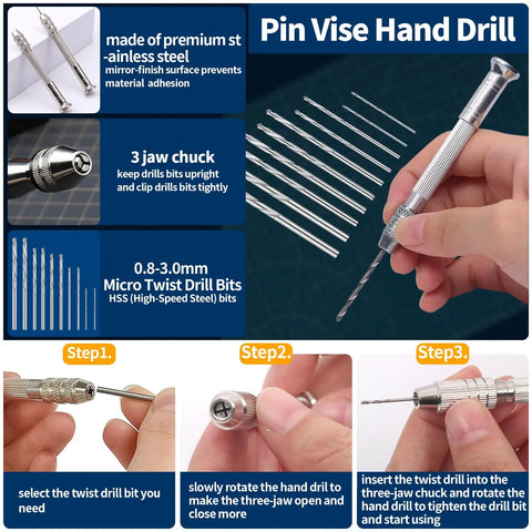 Pin vise hand drill details with user steps and drill bits, part of 40 Piece Model Tools Kit For Gundam Building And Repair.