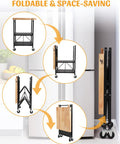 Foldable Kitchen Storage Cart With Solid Oak Top 3 Tier Rolling Metal Utility Rack lockable wheels sequence of folding stages.