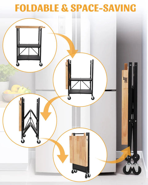 Foldable Kitchen Storage Cart With Solid Oak Top 3 Tier Rolling Metal Utility Rack lockable wheels sequence of folding stages.
