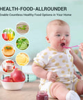Baby being fed with spoon next to healthy food bowls and apples on a table, highlighting nutritious options for infants.