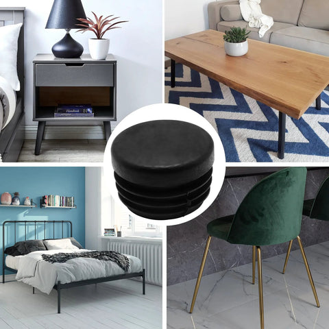 12 Pcs Round Plastic Hole Plugs 25mm Black End Caps For Tubing shown in use on furniture legs, ideal for table and chair protection.