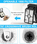 Bissell CrossWave replacement parts: openable 1866 filter and 2787 brush roll; close-up of filter housing and brush head