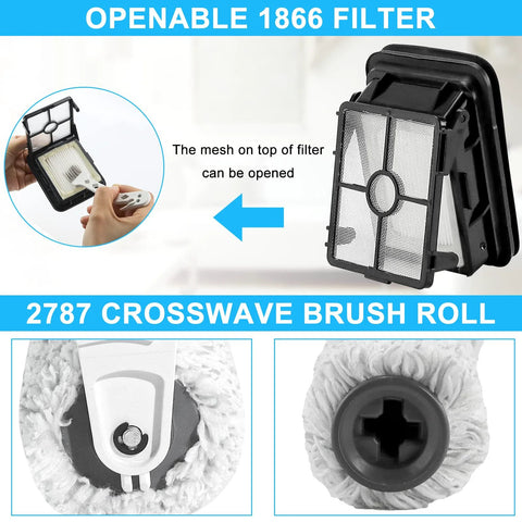 Bissell CrossWave replacement parts: openable 1866 filter and 2787 brush roll; close-up of filter housing and brush head