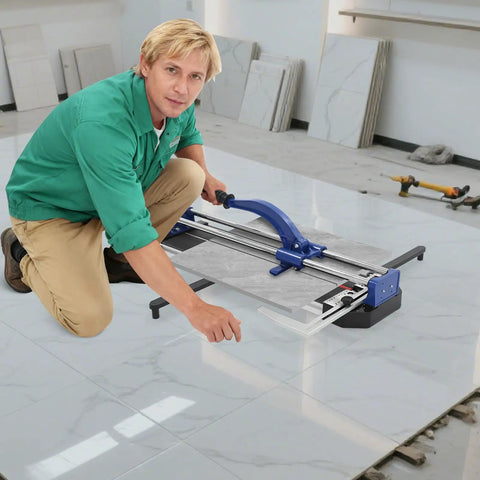 24 Inch Manual Tile Cutter With Tungsten Alloy Wheel And Double Rail Track For Ceramic Porcelain And Glass Cutting featuring a user in action.