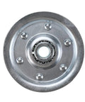 Close-up of heavy duty 3 inch pulley sheave in garage door cable and pulley kit with 2 pairs of galvanized aircraft cables.