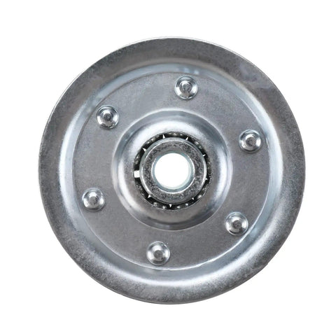 Close-up of heavy duty 3 inch pulley sheave in garage door cable and pulley kit with 2 pairs of galvanized aircraft cables.