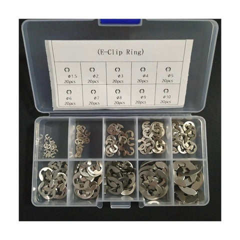 Stainless Steel E Clip Washer Set 200 Pieces In Sizes 1.5Mm 2Mm 2.5Mm 3Mm 4Mm 5Mm 6Mm 7Mm 8Mm 9Mm 10Mm with case compartments