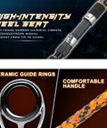 Close-up of 3 Piece Surf Fishing Rod And Reel Combo With Medium Heavy Travel Spinning Rod 5000 Size Reel, high-intensity reel seat, ceramic guide rings, and comfortable handle.