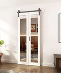 Bi Fold Barn Door With Mirror Panels And Track Kit For Closet 36 By 84 Inches Shatterproof MDF Mirror Doors with handles and track.