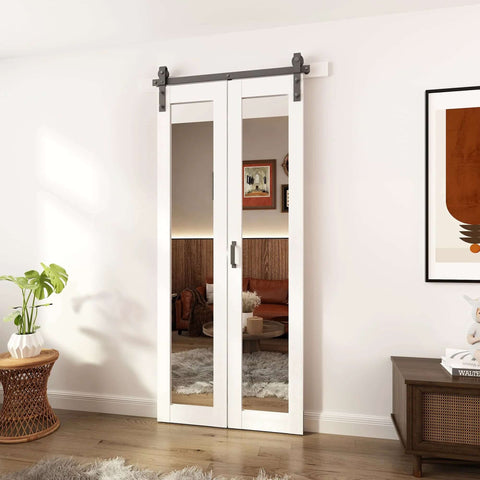 Bi Fold Barn Door With Mirror Panels And Track Kit For Closet 36 By 84 Inches Shatterproof MDF Mirror Doors with handles and track.