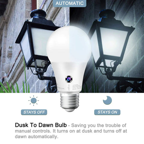 Dusk To Dawn Outdoor LED Bulbs 5000K Daylight A19 75W Equivalent 10.5W Energy Saving Auto Sensor in front porch setting.