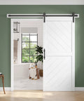 36 Inch By 84 Inch Sliding Barn Door With Six Point Six Foot Hardware Kit And Handle Included Solid MDF Wood Slab Covered With Water Proof And Scratch Resistant PVC Surface Simple Do It Yourself Assembly Chevron Pattern installed in interior doorway