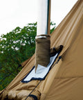 Beefy Basalt Fiber Fireproof Pipe Wrap for Chimney Flue Shield on tent with adjustable clamps, anti scalding line visible