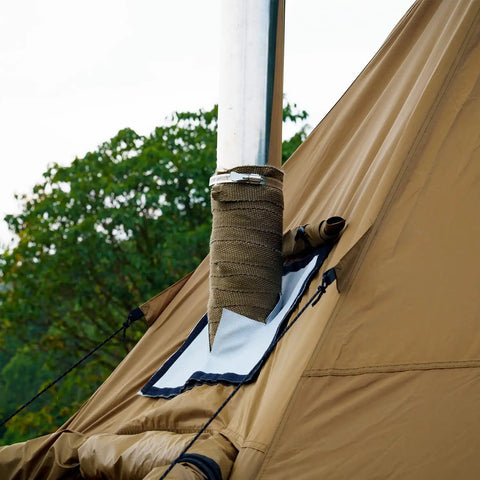 Beefy Basalt Fiber Fireproof Pipe Wrap for Chimney Flue Shield on tent with adjustable clamps, anti scalding line visible